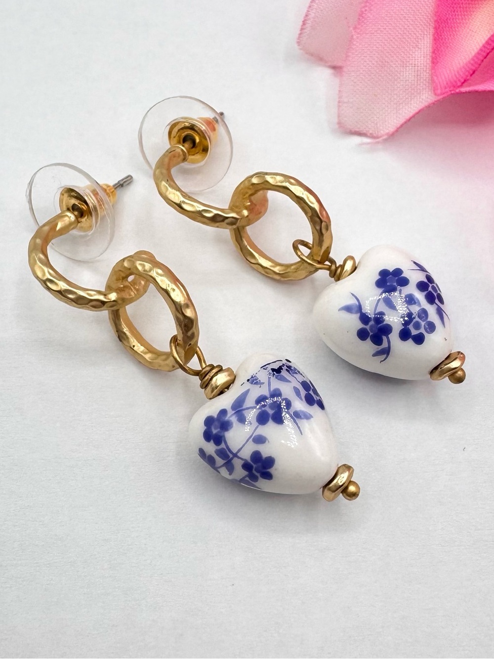 Spartina Ceramic Heart Earrings Blue Flowers 18K Matte Gold Plated Delft Style